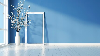 mockup in a white frame, interior design of a blue wall with white flowers in a vase, reflections, shadows and soft light, empty space for artwork on the left side, minimalist style.