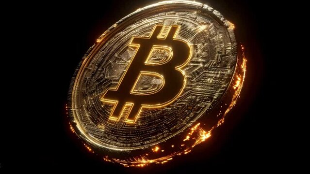 Shiny golden Currency with Bitcoin symbol. Cripto money, e-commerce finance virtual digital exchange concept. Gold sparkles on dark background