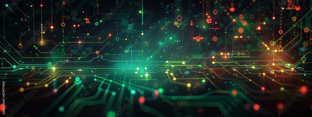 Poster dark illustration of a technical system with green lines connecting different flow states.