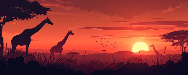 Savannah sunset with silhouettes of giraffes. Illustration