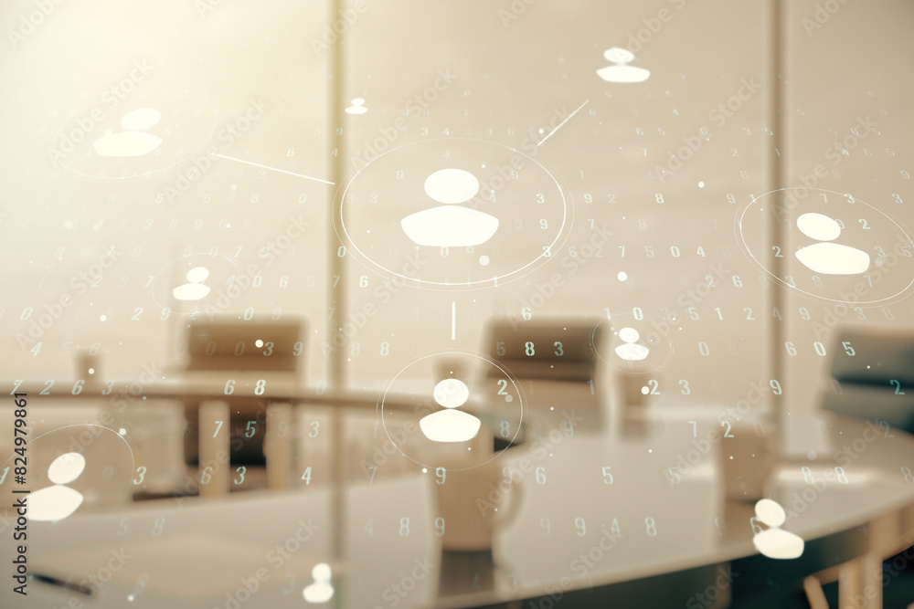 Poster double exposure of social network icons hologram on a modern boardroom background. networking concep