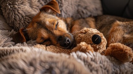 A dog sleeps soundly on a soft bed, clutching a favorite stuffed toy. The toy adds a touch of...