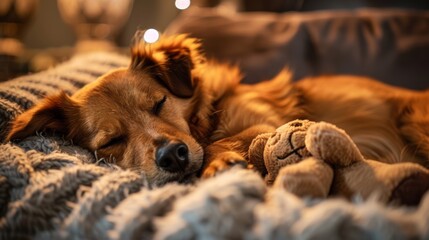 A dog sleeps soundly on a soft bed, clutching a favorite stuffed toy. The toy adds a touch of...