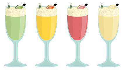 Set of cocktails in long sour glass. Lime, orange, grapefruit, lemon with rosemary and ice. For bar, party, summer, beach. 