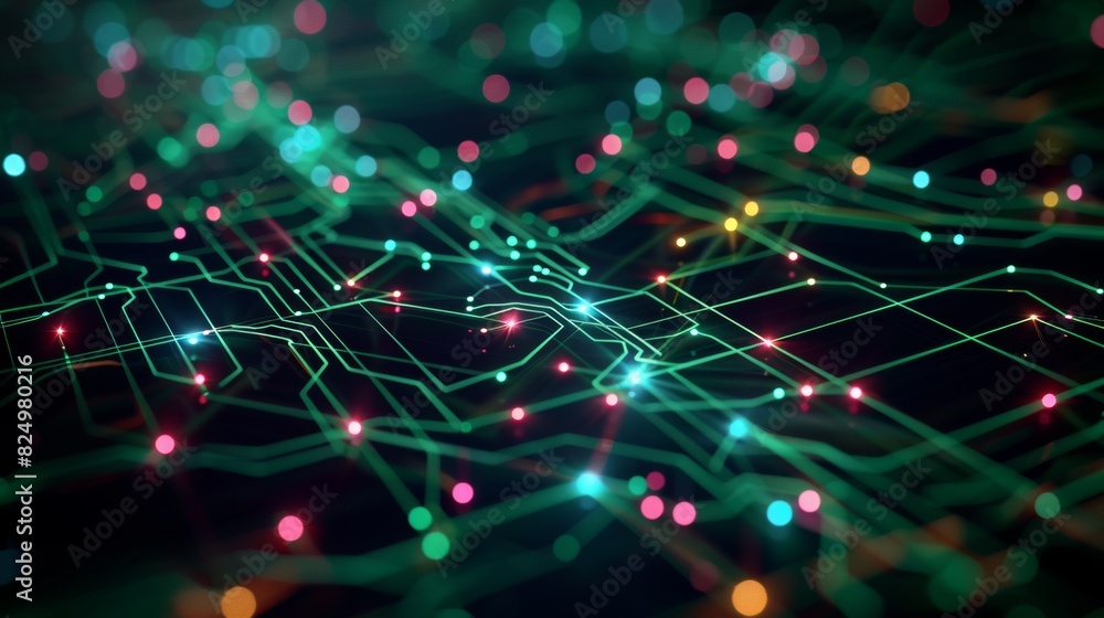 Poster dark illustration of a technical system with green lines connecting different flow states.
