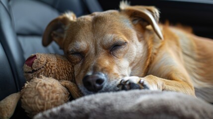 Obraz premium A dog snuggled up with a favorite toy in the backseat, radiating contentment and happiness.