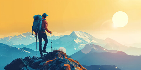 Solo hiker overlooking mountain peaks at sunset with a walking stick.