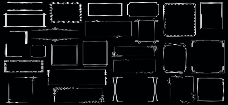 Silver rectangle frame collection on black background for gallery, certificate, photo display, elegant design, minimalist style