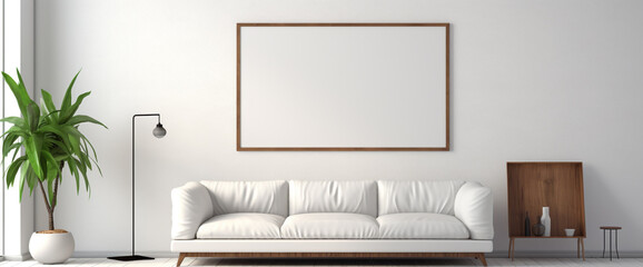 A chic, brightly lit living room boasting clean lines, a minimalist rug, and an empty white frame hanging above a streamlined couch.