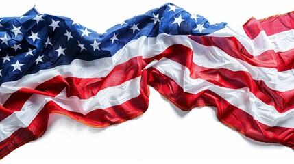 Full view of the American wave flag, crisp white background, studio lighting creating strong contrasts and highlights