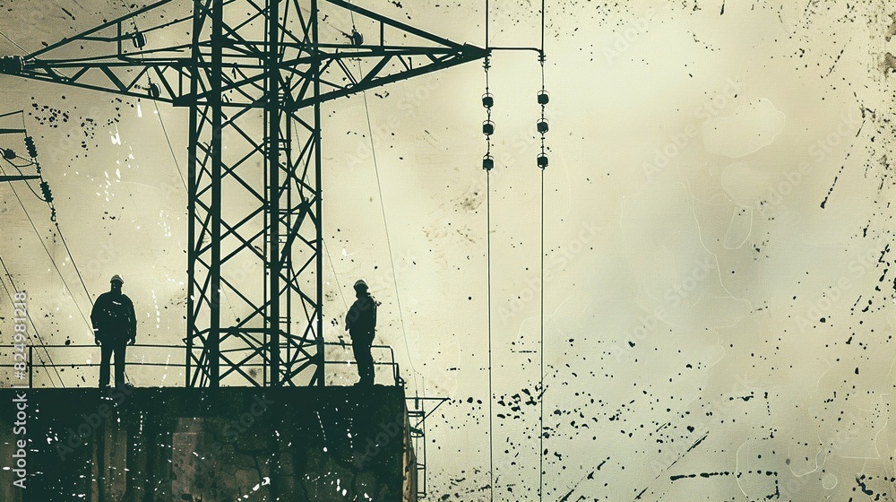 Wall mural high-voltage tower with detailed insulators, workers in silhouette, raw and gritty style