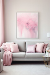 A chic living room adorned in shades of pastel pink and soft grey, showcasing a sleek design with a prominent white frame on a clean wall.
