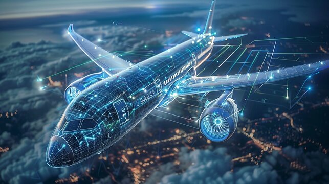 In-flight close-up of a delivery plane, detailed with blue and green technology lines, illustrating a modern integrated system