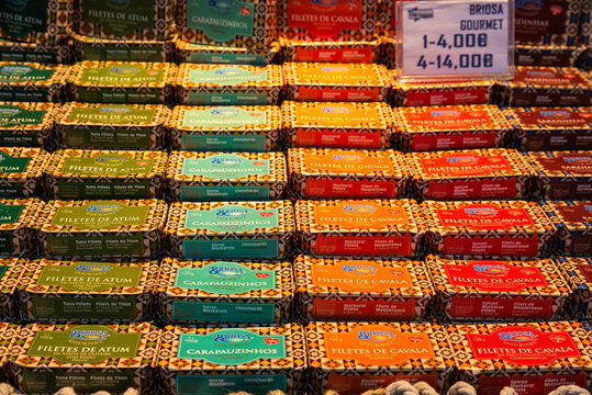Cans of preserves in Bolhao Market, Oporto, Portugal