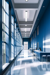 Obraz premium A long hallway with a blue wall and windows