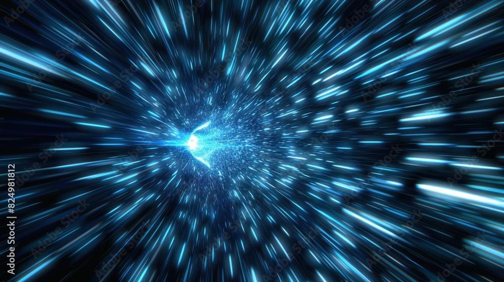 Poster abstract light speed effect with blue streaks radiating from a central point on a dark background