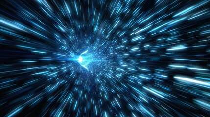 Abstract light speed effect with blue streaks radiating from a central point on a dark background