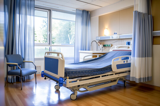 A hospital room with a bed, chair, and curtains