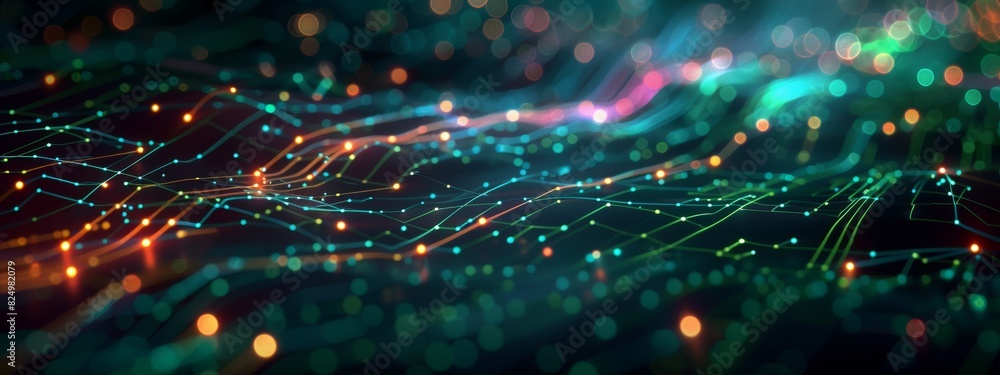 Poster dark illustration of a technical system with green lines connecting different flow states.