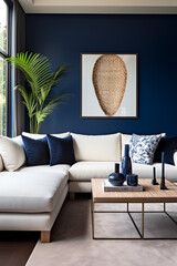 A chic living room with a navy blue accent wall, a sleek beige sofa, and a blank white frame as a statement piece