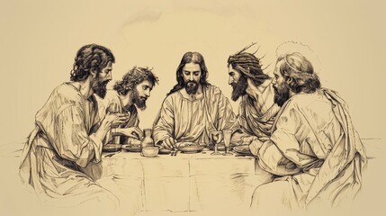 Obraz premium Biblical Illustration of the Last Supper, Capturing the Moment of Communion and Fellowship