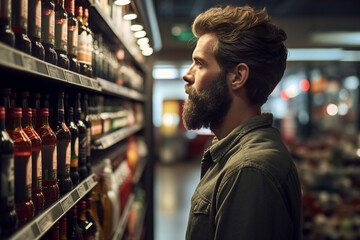 Generative AI image of young man explores a wine store rows