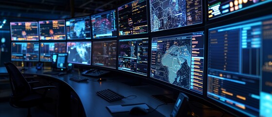 A network operations center illuminated by the glow of multiple screens, showcasing AI algorithms at work detecting and mitigating potential IT incidents in real time.
