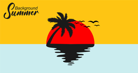 Illustration of a background for Summer Holidays, with a palm tree and a sunset
