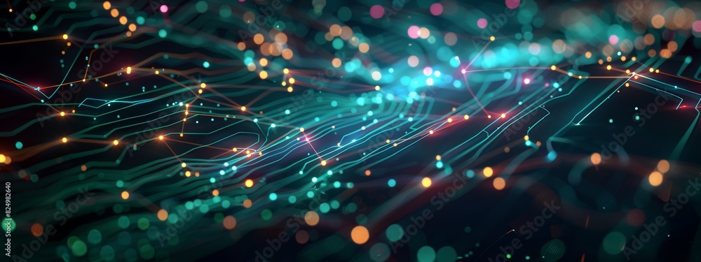Poster dark illustration of a technical system with green lines connecting different flow states.