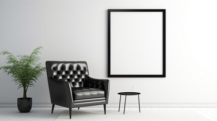 A chic monochrome palette with a black leather armchair, a white rug, and a blank empty white frame mockup on the wall in a high-contrast setting.