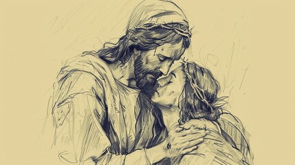 Jesus Comforting a Grieving Person, Showcasing His Compassion and Love, Biblical Illustration of Divine Care and Mercy