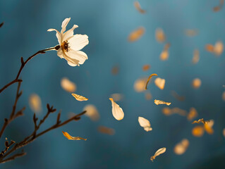 Delicate White Magnolia Flower on Thin Branch with Gentle Breeze and Blurred Blue Gradient...