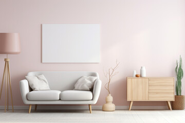 A chic Scandinavian-style living room in bright pastel tones, with simple wooden furniture and a blank white frame mockup on the wall.