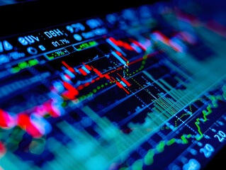 Vibrant Financial Data Display: Dynamic Stock Market Screen with Line Graphs, Bar Graphs, Candlestick Charts in Blue, Red, Green, Yellow on Black Background Representing Fast-Paced Trading