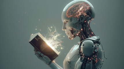 Naklejka premium AI, Machine learning, beautiful woman robot read book. digital technology brain deep learning concept, science artificial intelligence technology Data exchange futuristic innovation.