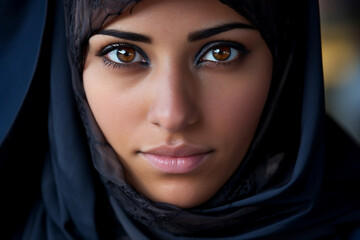 Naklejka premium Arabian woman in hijab living her life in modern city have shopping working traveling abilities, Generative AI