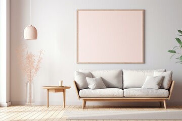 A chic Scandinavian-style living room in bright pastel tones, with simple wooden furniture and a blank white frame mockup on the wall.