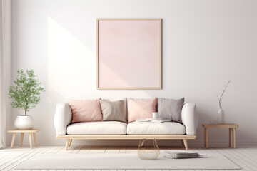 A chic Scandinavian-style living room in bright pastel tones, with simple wooden furniture and a blank white frame mockup on the wall.