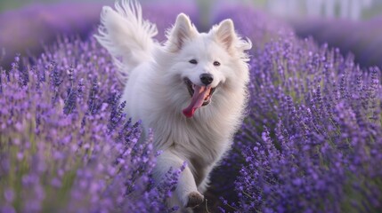 A fluffy white dog bounds through a field of lavender, tongue lolling out in a joyous grin, its...