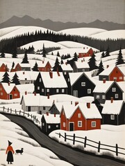 Minimalist scandinavian village painting generative AI illustration 