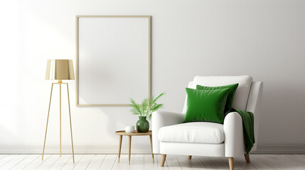 A chic white lounge chair with a golden floor lamp in a room adorned with bright green accents and a blank empty white frame mockup.