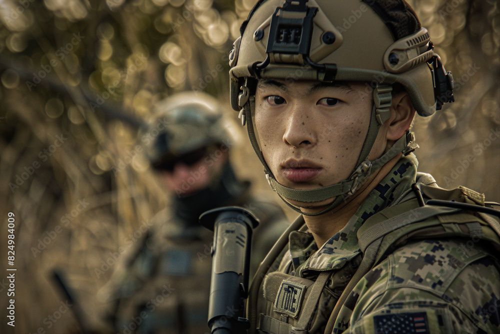 Poster portrait of a soldier with a weapon during a military operation made with generative ai