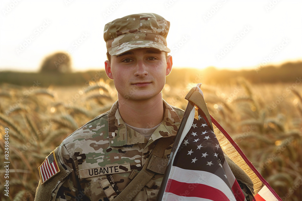 Wall mural Generative AI illustration of serious young male soldier in protective uniform and american flag