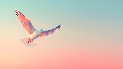 Create a vector image of a seagull flying against a gradient sky, with colors blending from soft pink to pale blue - Powered by Adobe