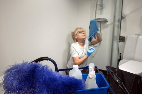 Mature female janitor cleaning bathroom