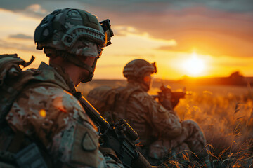 Generative AI image of people on military operation mission sunset in field