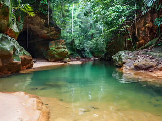 Serene Emerald Green Freshwater Pool in Lush Tropical Rainforest with Red Rock Formations and Verdant Foliage Canopy Pristine Hidden Paradise for Nature Lovers and Adventurers - Powered by Adobe