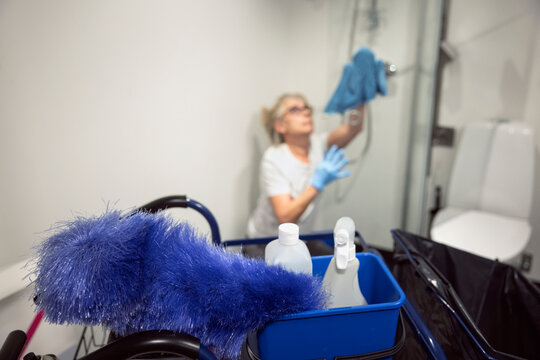 Mature female housekeeper cleaning bathroom