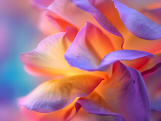 Vibrant Abstract Close-Up of Delicate Flower Petals with Mesmerizing Colors Ethereal Blend of Purples, Pinks, Oranges, and Yellows Soothing Nature, Beauty, Serenity, and Abstract Art
