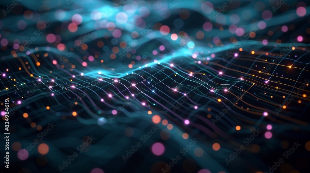 Poster dark illustration of a technical system with blue lines connecting different flow states.